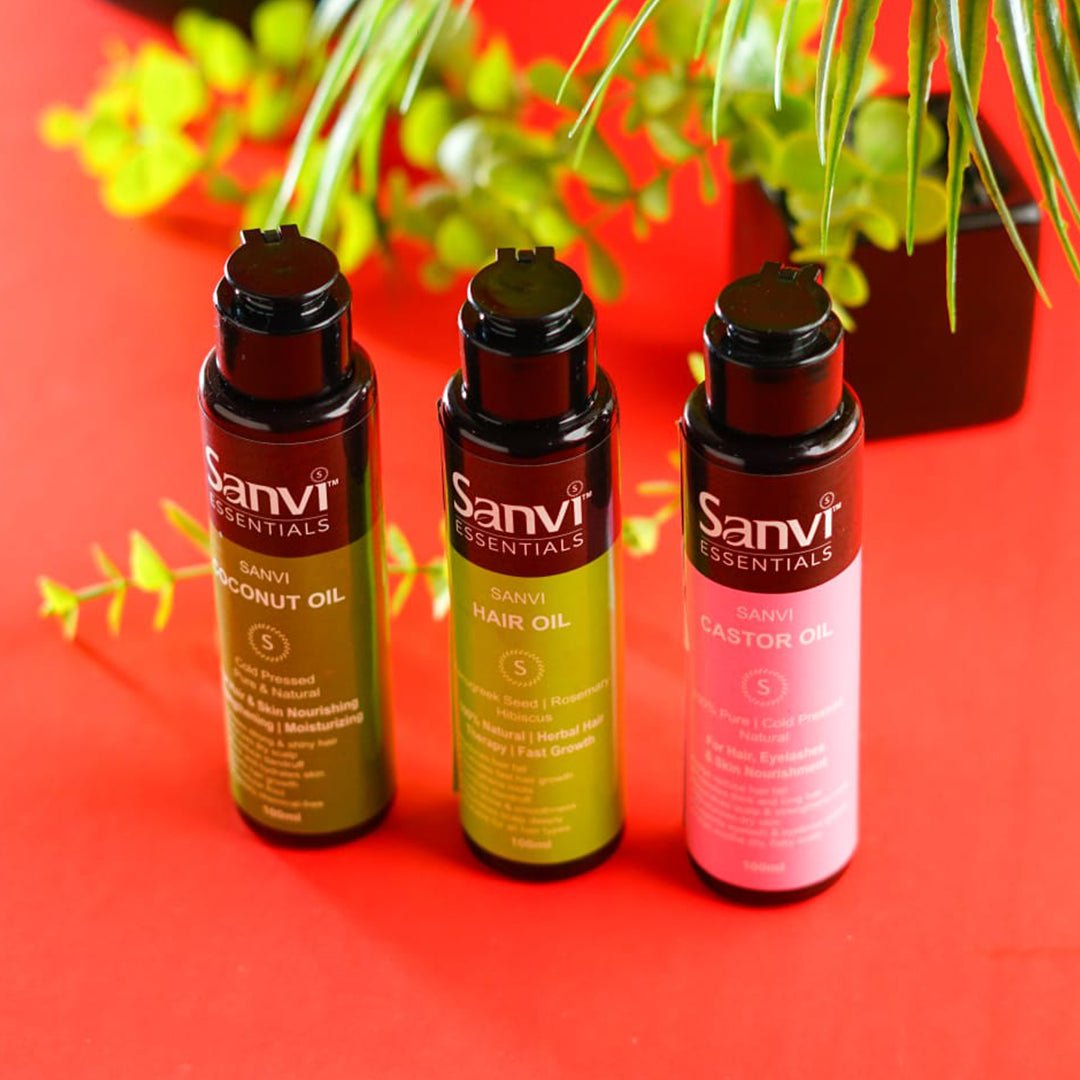 Sanvi Hair Care Trio bottles closeup